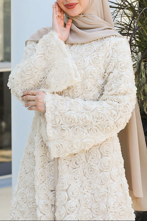 Warda Motif Open Abaya - Vintage Cream