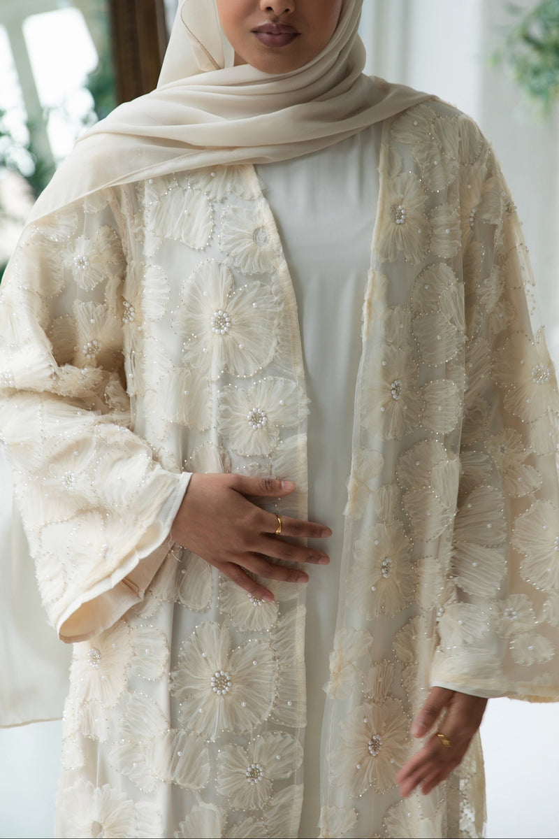 Azra Embroidered Abaya Set - Ivory Creme