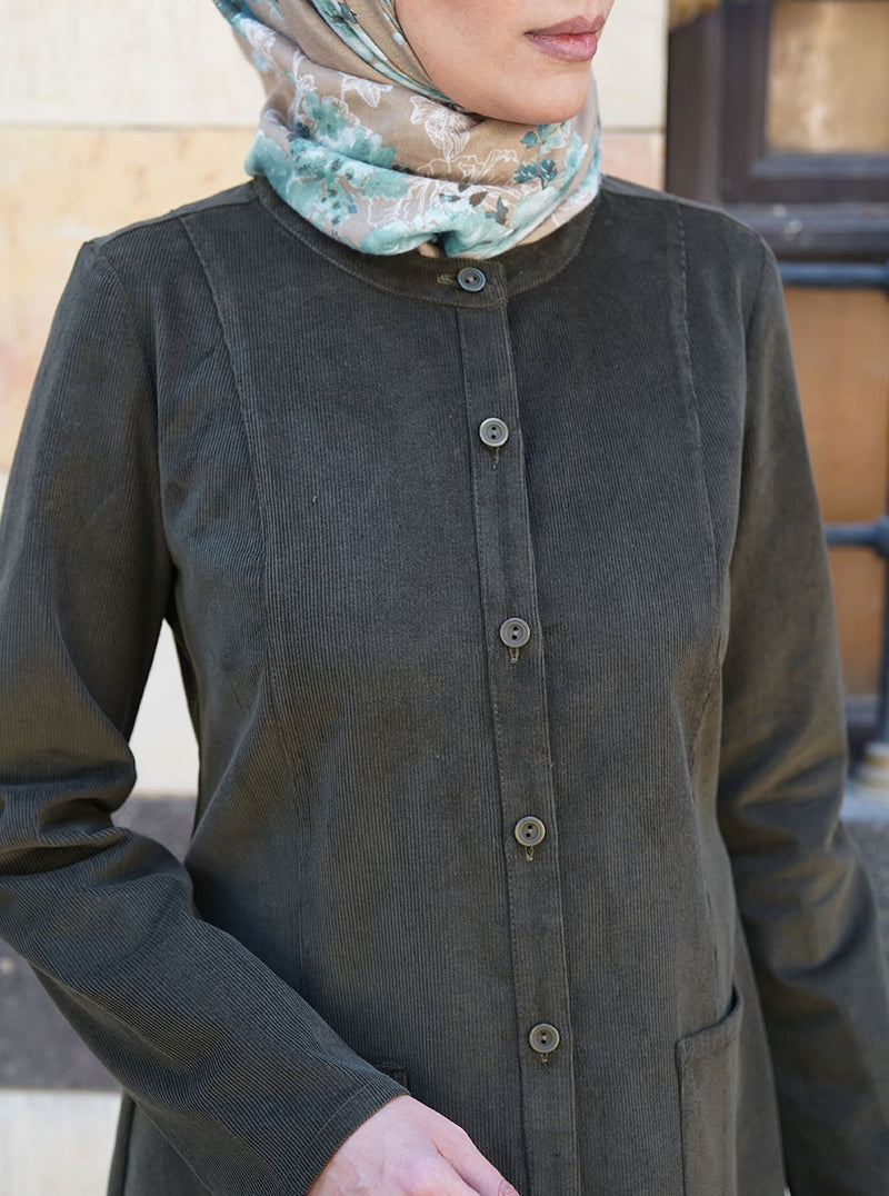 Pocketed Buttoned Corduroy Tunic