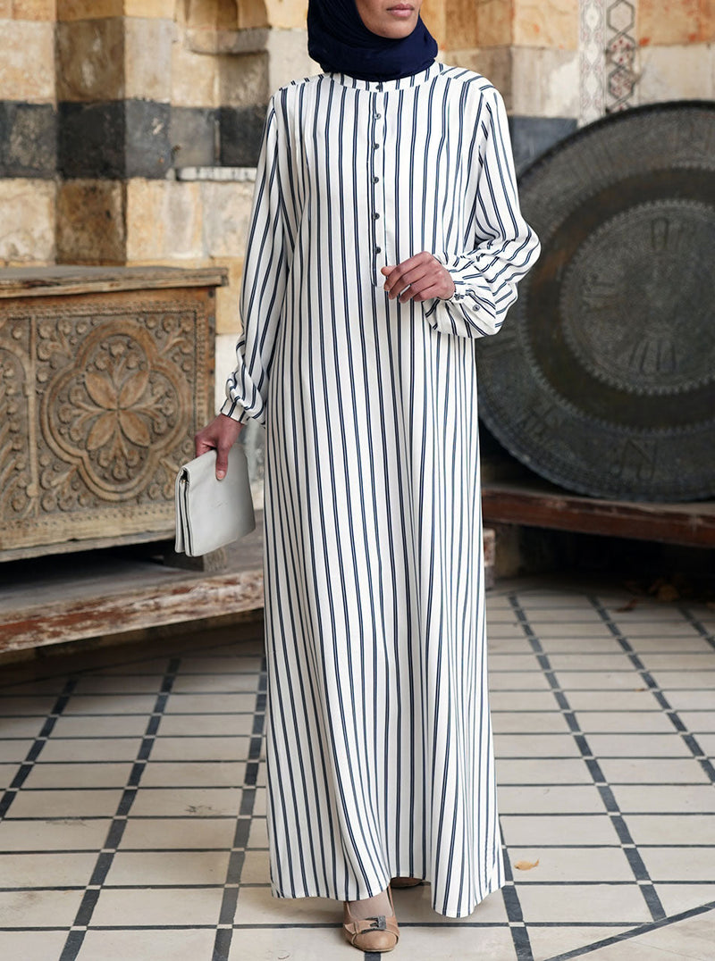 Pleated Shoulders Striped Shirtdress