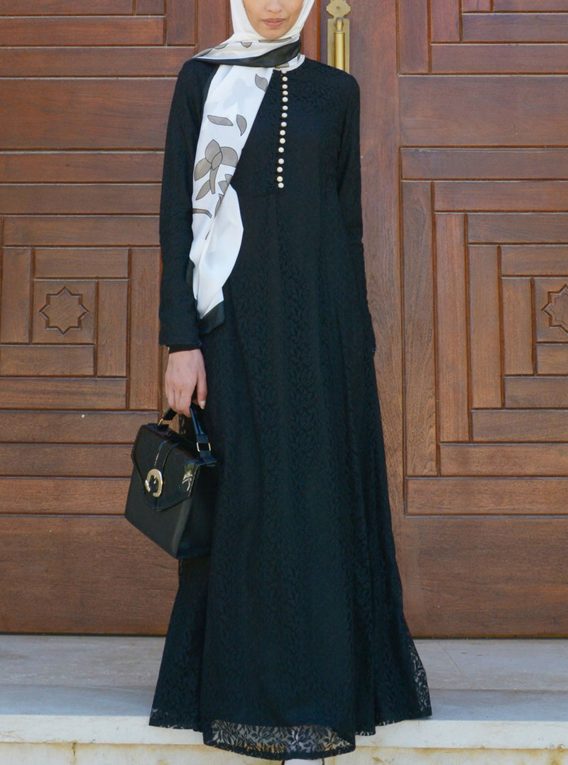 Pearl Buttoned Lace Abaya Gown