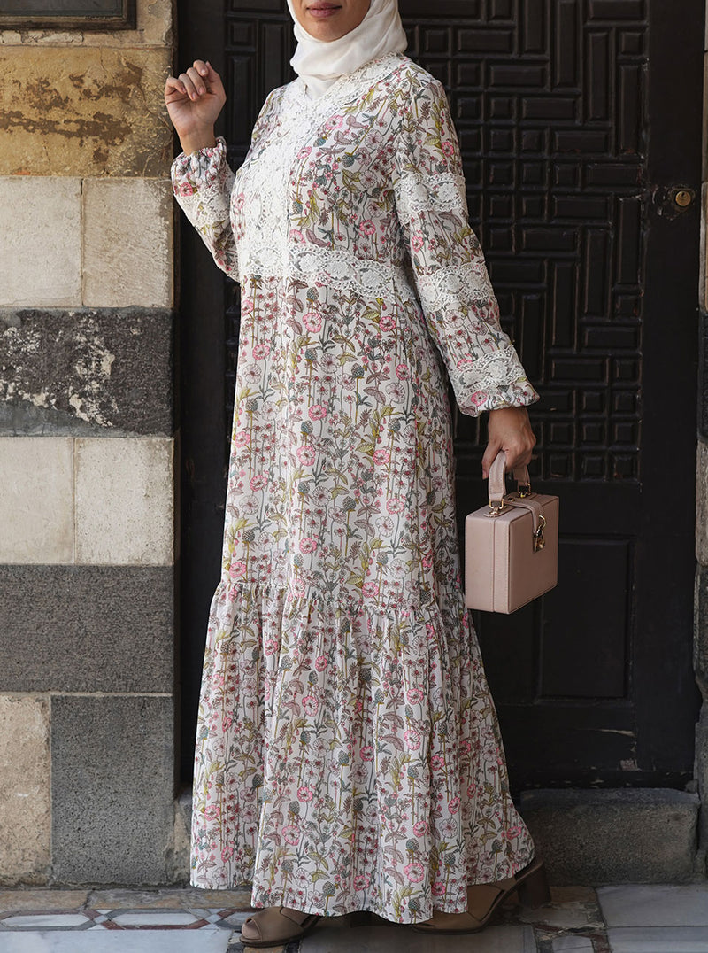 Printed Maxi Dress with Lace