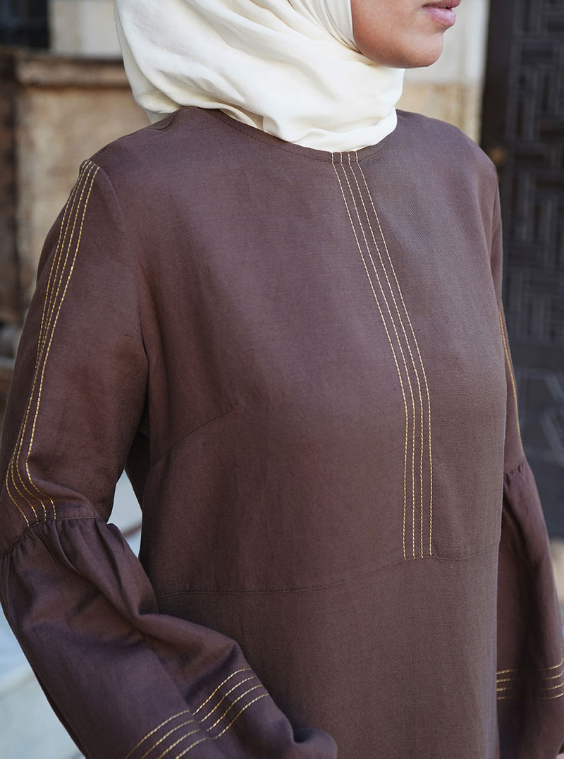 Gold Topstitched Linen Maxi Dress