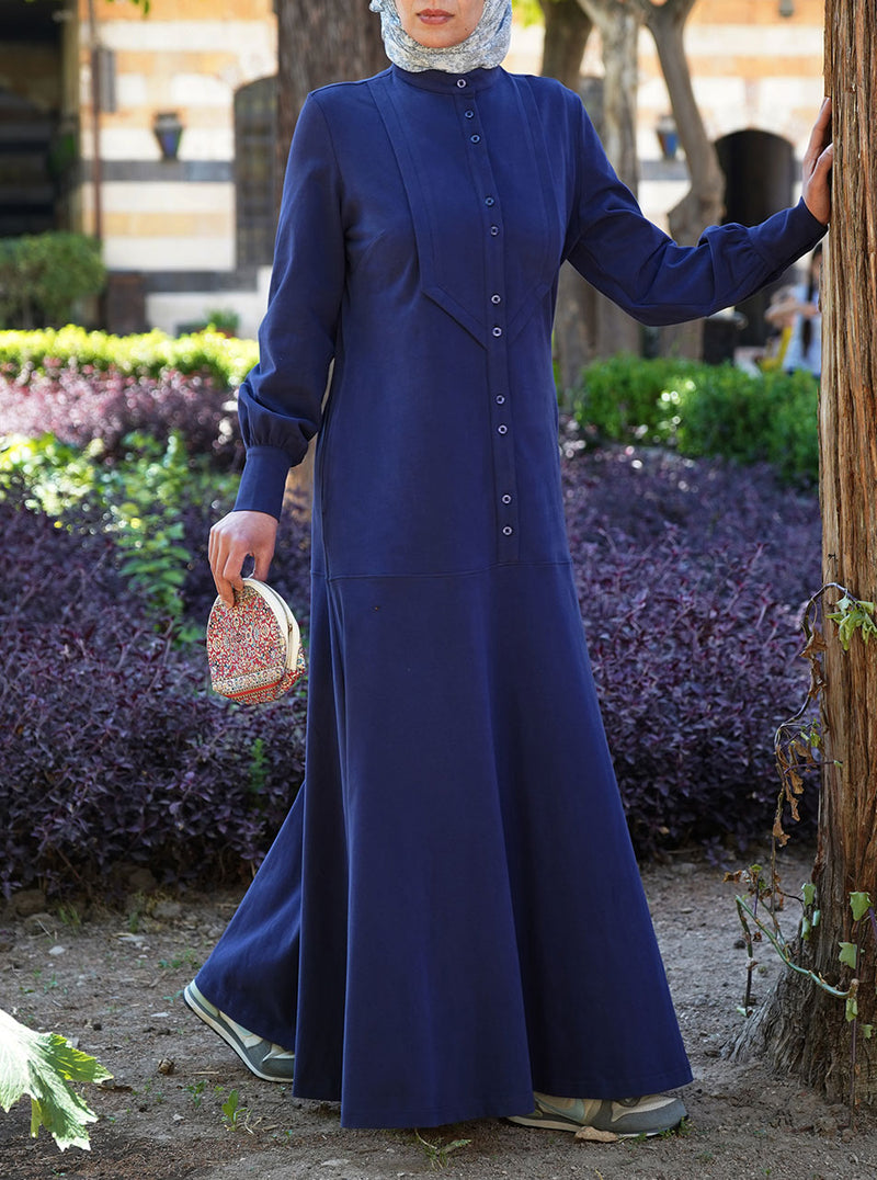 Cotton Jersey Long Buttoned Maxi Dress