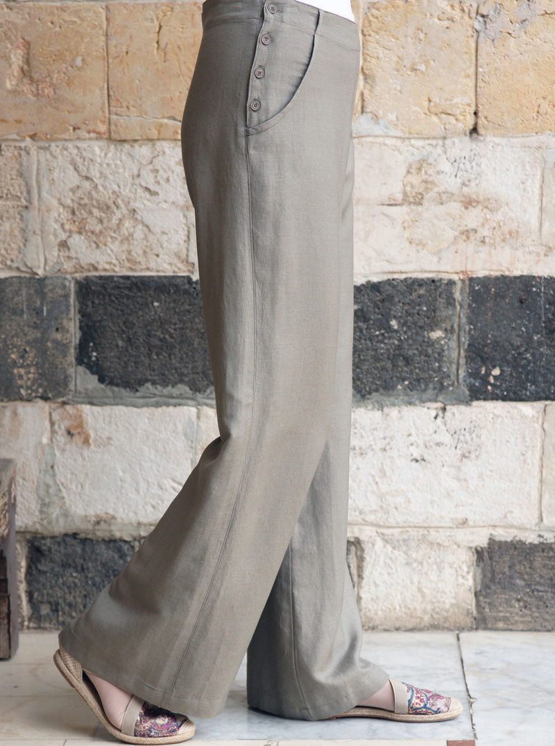 Side Buttoned Linen Trousers