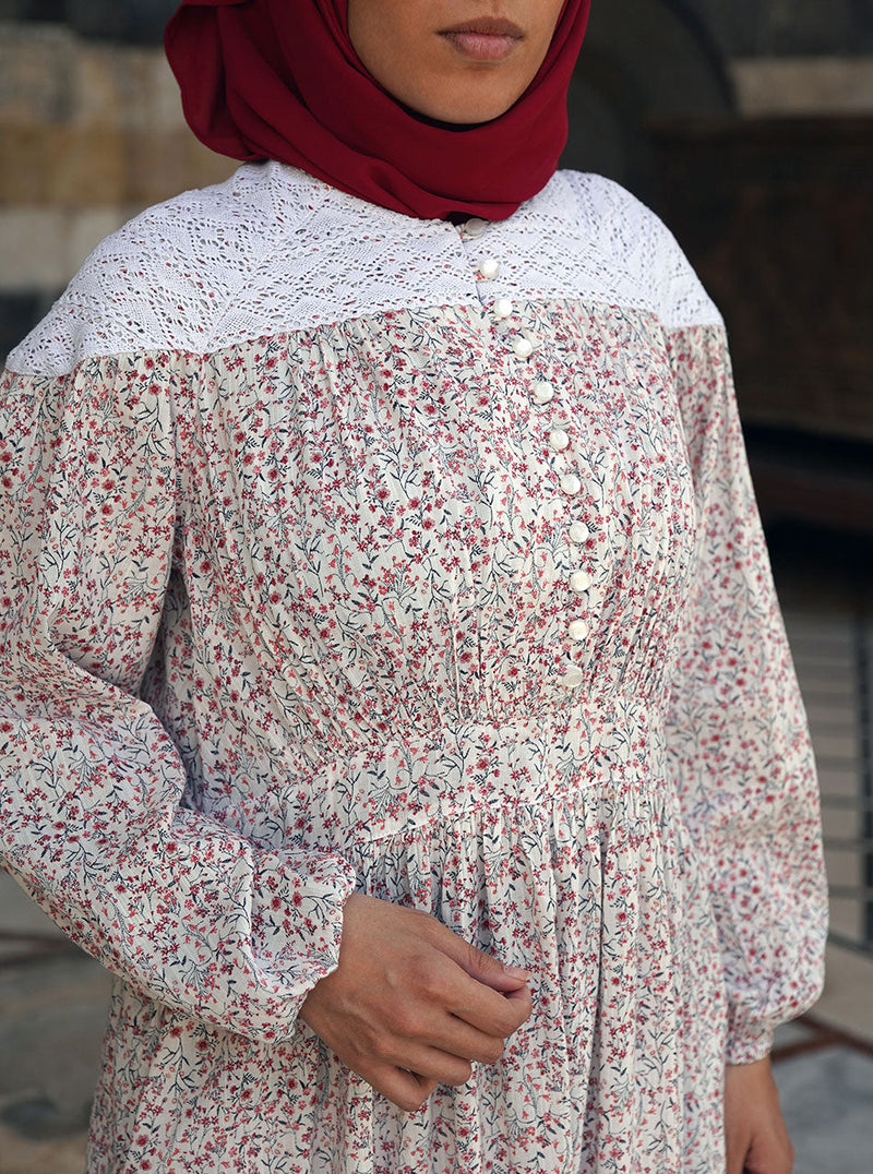 Sahla Printed Abaya with Lace