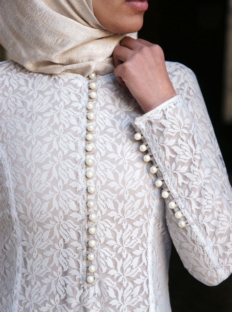 Pearl Buttoned Lace Abaya Gown