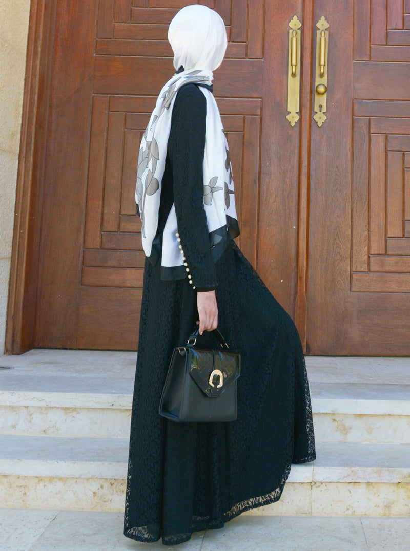 Pearl Buttoned Lace Abaya Gown