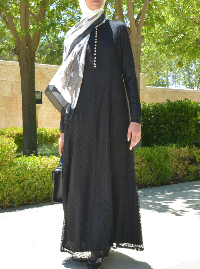 Pearl Buttoned Lace Abaya Gown