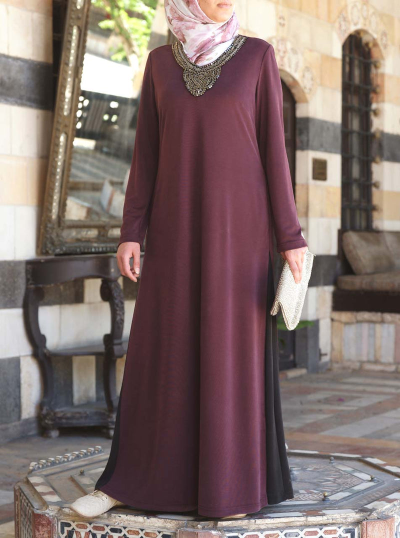 Metallic Necklace Jersey Abaya Gown