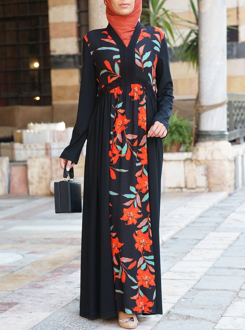 Jamilah Print and Lace Abaya