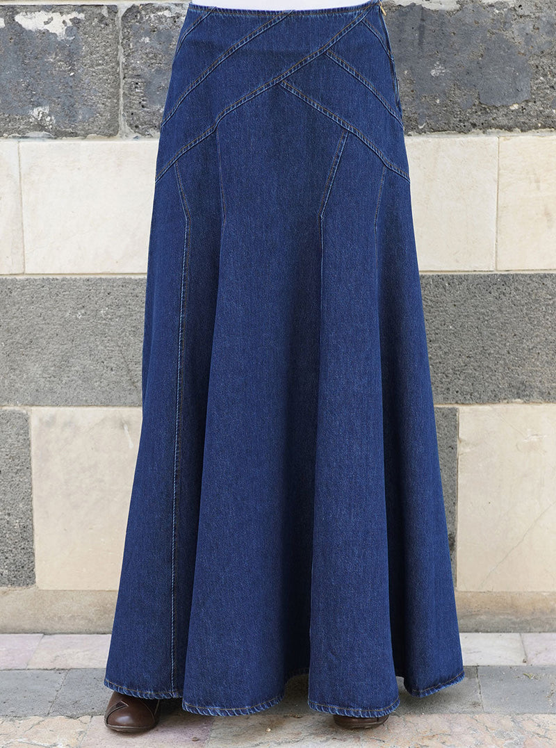 Denim Geometric Flared Skirt
